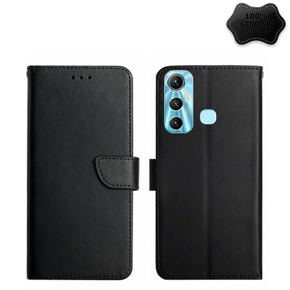 Black leather flip phone case with camera cutout and magnetic strap, open view
