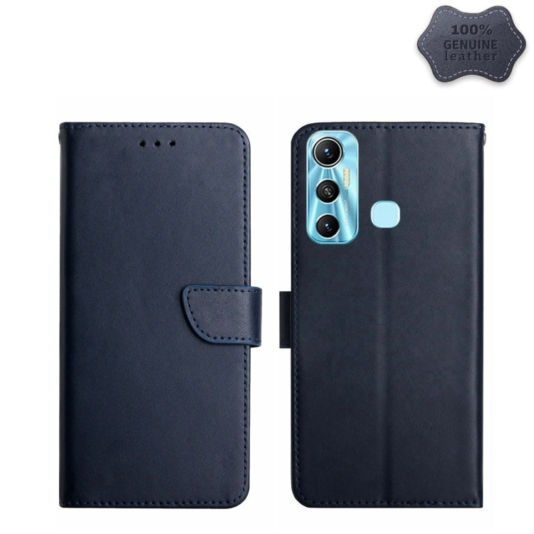 Dark blue leather flip phone case with magnetic strap and camera cutout, open view