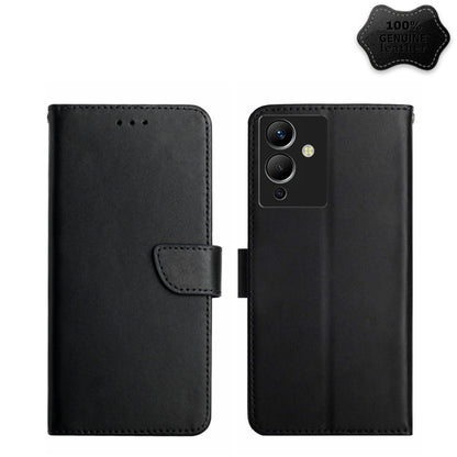 Genuine leather flip phone case, black, horizontal wallet style with magnetic strap