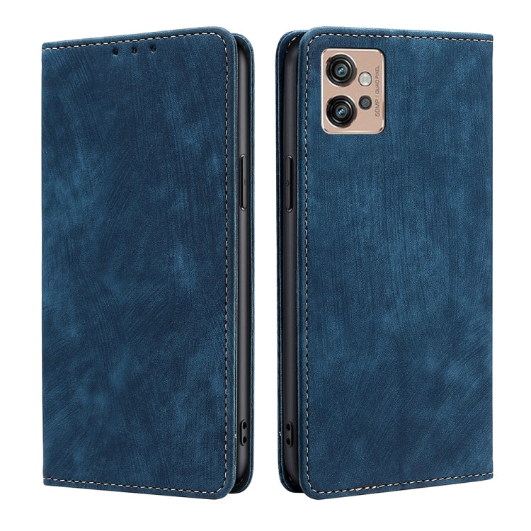 Blue magnetic leather wallet phone case with stitched edges and camera cutout