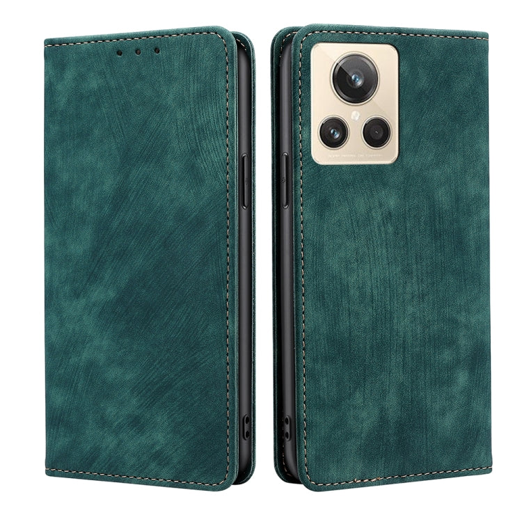 Green leather folio phone case with camera cutout and visible side button openings