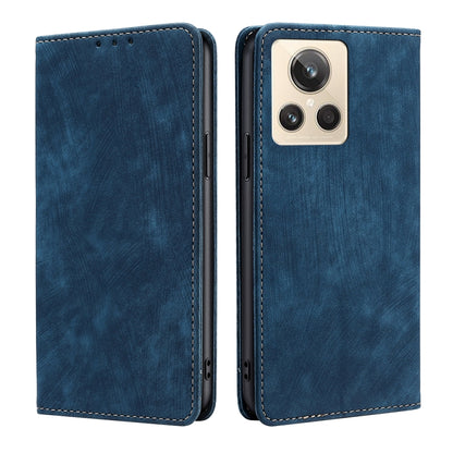 Blue leather folio phone case with camera cutout and side button openings