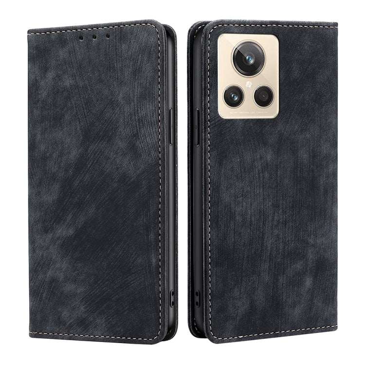 Dark gray leather folio phone case with camera cutout and stitched trim