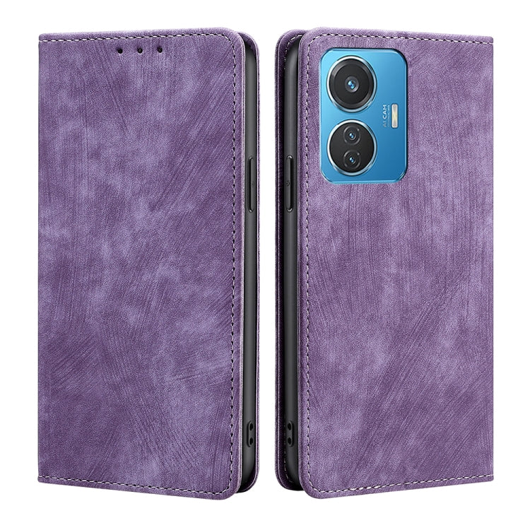 Purple leather folio phone case with camera cutout and stitched edges