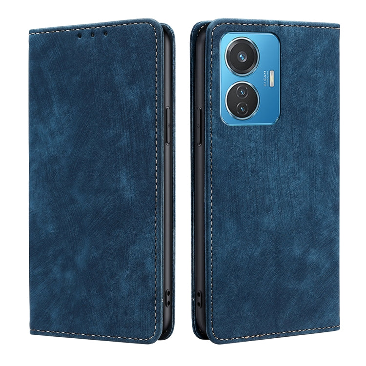 Blue leather folio phone case with camera cutout and side control cutouts