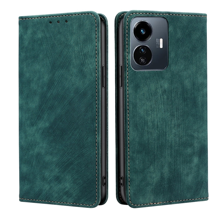Green leather folio phone case with camera cutout and stitched side seam