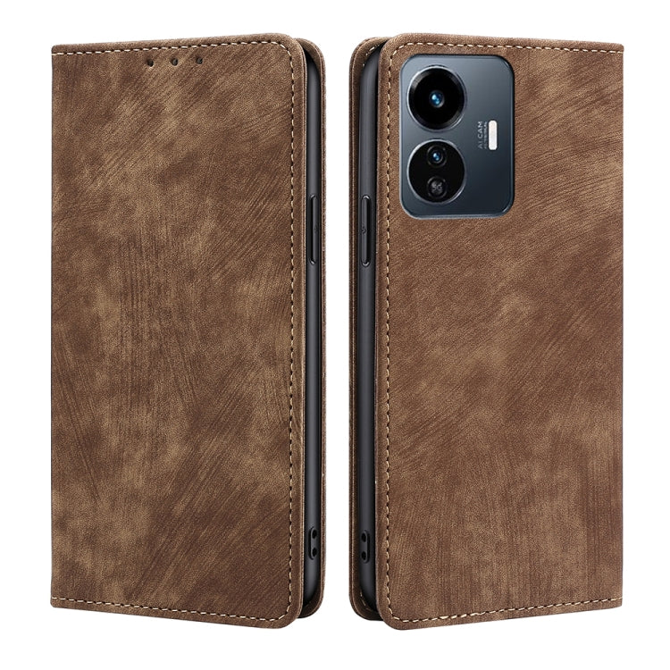 Brown leather folio phone case with camera cutout and visible button openings