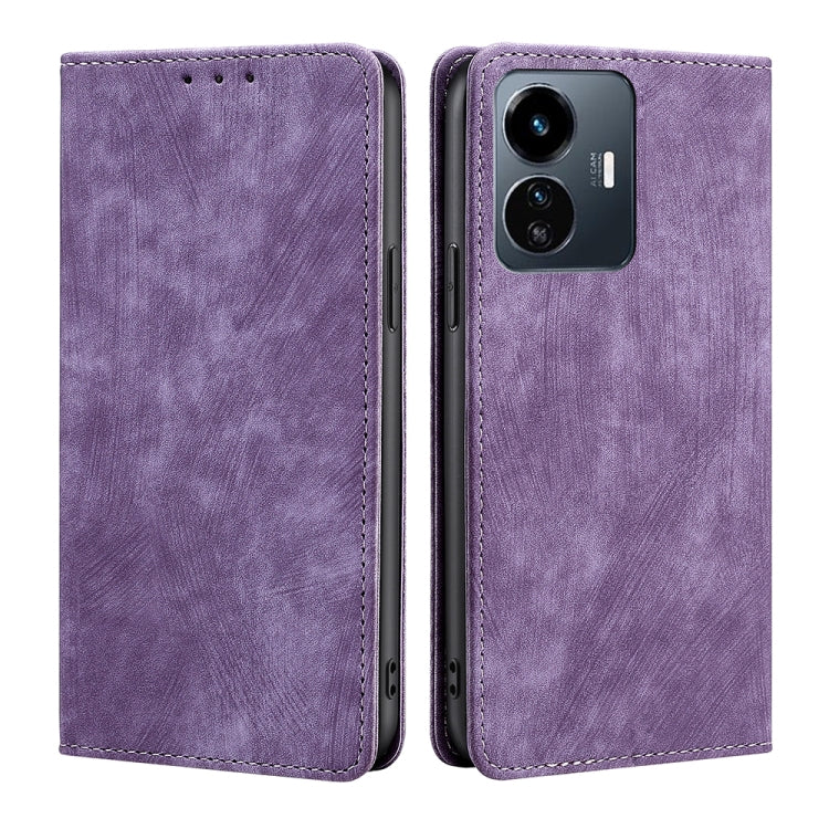 Purple leather-style magnetic flip phone case with camera cutout and stitched edges