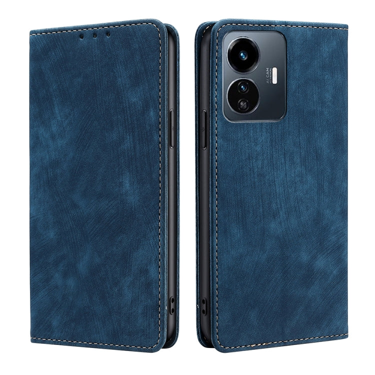 Blue leather-style magnetic flip phone case with camera cutout and contrast stitching