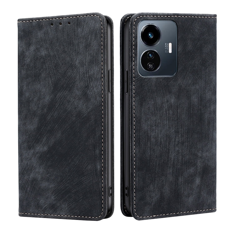 Dark gray leather-style magnetic flip phone case with camera cutout and stitched trim