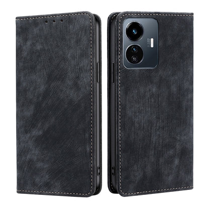 Dark gray leather-style magnetic flip phone case with camera cutout and stitched trim
