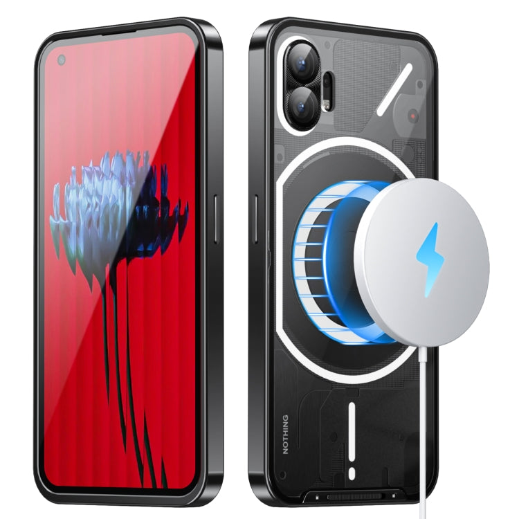 Full-coverage magnetic phone case with ring stand and lens cutouts, black/silver