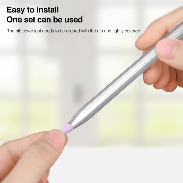 Installing silicone nib cap: purple cap being aligned onto the stylus tip