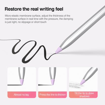 Silicone nib cap on stylus tip in light purple with product-use close-up