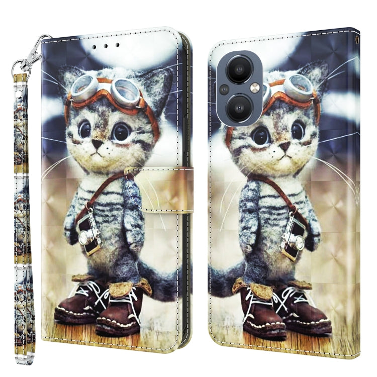 3D painted leather phone case with cute cat portrait, wrist strap, front and back view