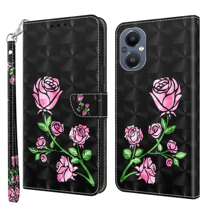 Black leather phone case with pink rose and green floral artwork, side lanyard strap
