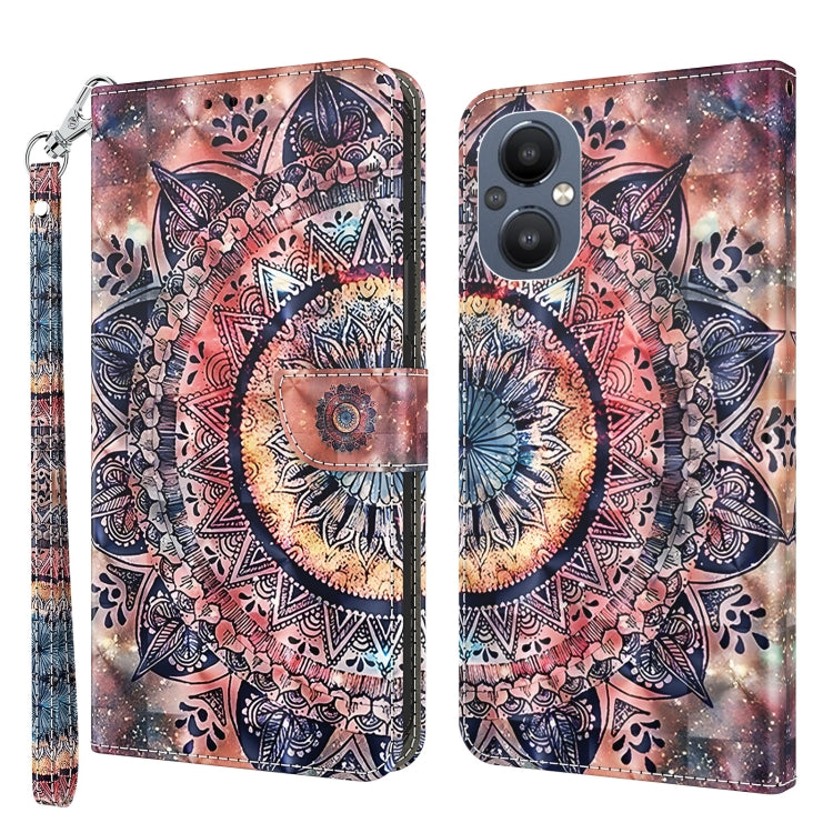 Brown leather phone case with mandala-style artwork and decorative pattern, side lanyard strap