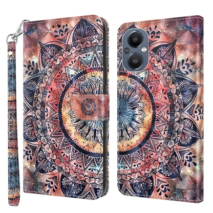Brown leather phone case with mandala-style artwork and decorative pattern, side lanyard strap