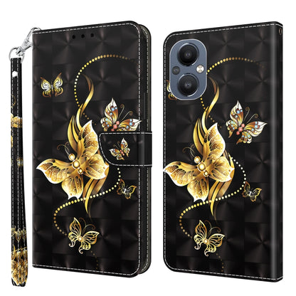 Black leather phone case with gold butterfly and floral artwork, side lanyard strap