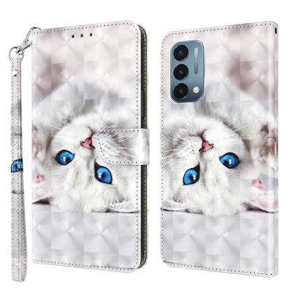 3D painted leather phone case with white cat face and blue eyes, side wrist strap