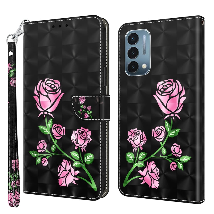 Black leather phone case with pink rose and green vine floral artwork, front and back view