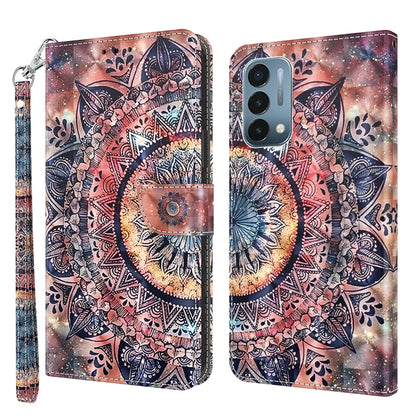 Brown leather phone case with colorful mandala artwork, front and back view