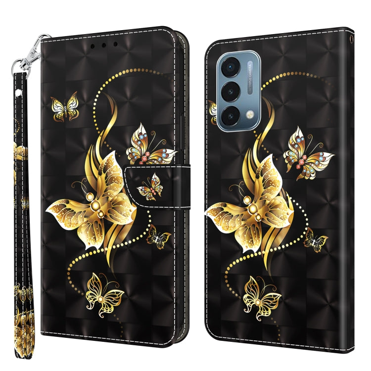 Black leather phone case with gold butterflies and yellow petal artwork, front and back view