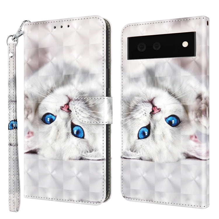 3D painted leather phone case, white with blue-eyed cat face; wrist strap