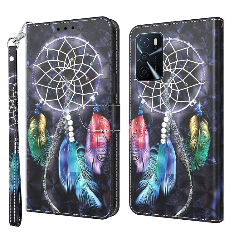3D painted leather phone case with dreamcatcher and feathers in blue and pink