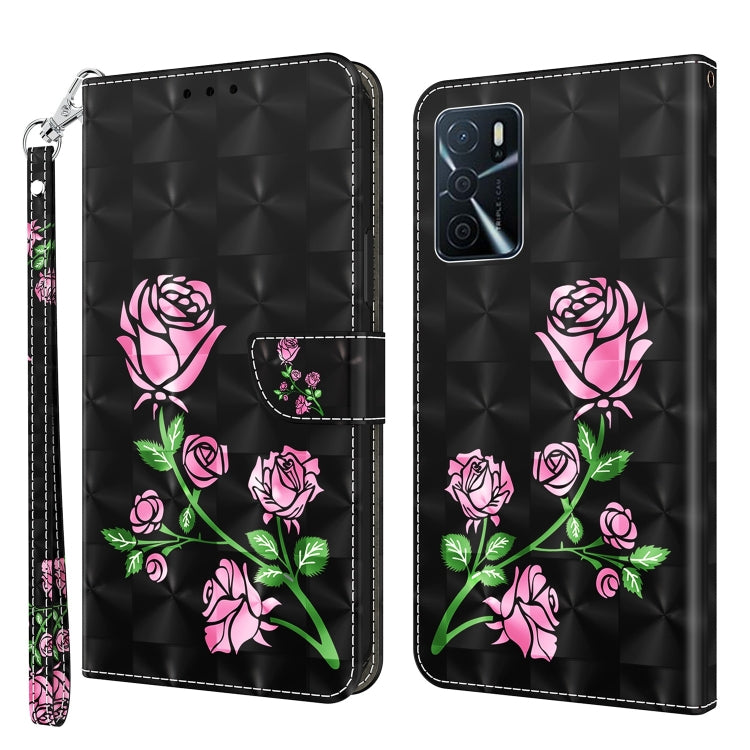 3D painted leather phone case with pink roses and green leaves on black background