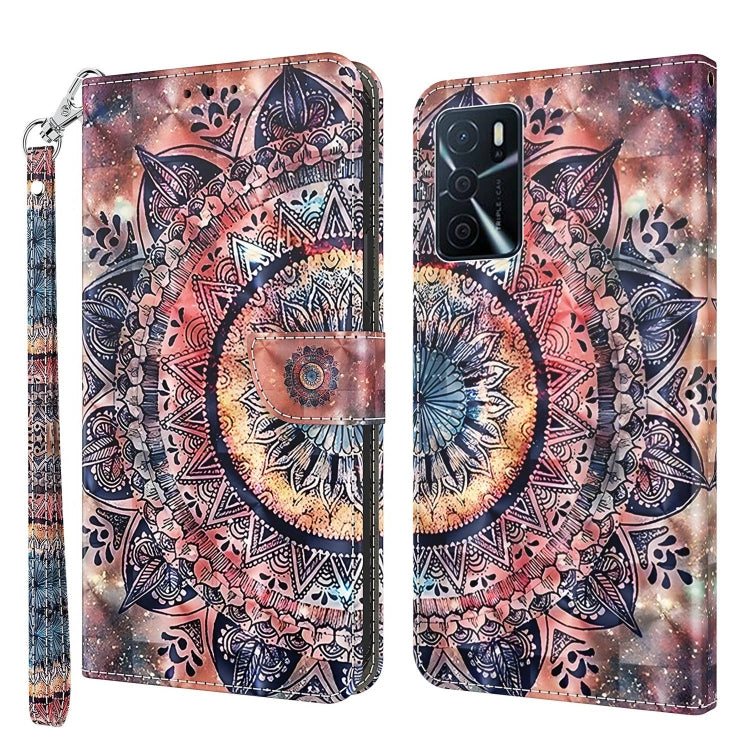 3D painted leather phone case with mandala artwork in coral, navy, and gold tones