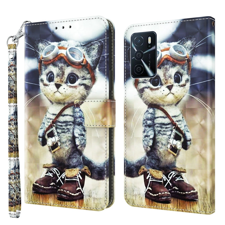Cat 3D painted leather phone wallet case, front and back views with wrist strap
