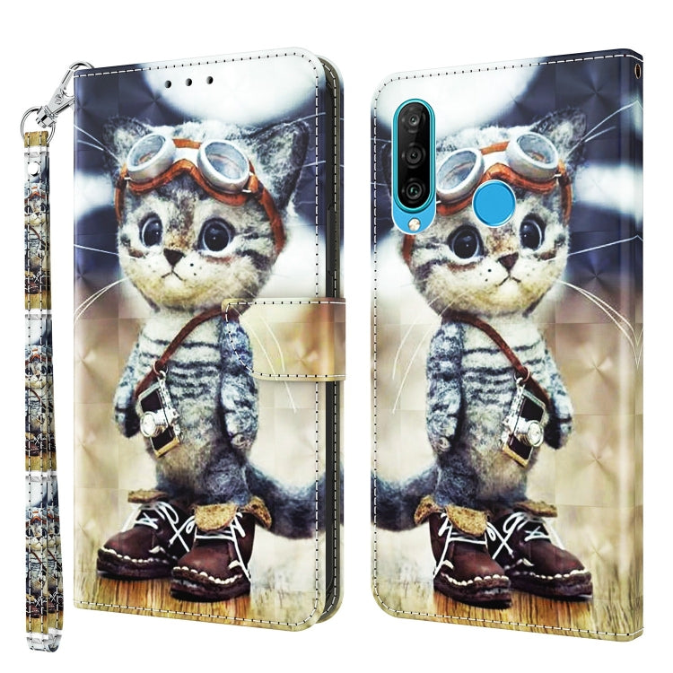 3D painted leather phone case with folio cover, cartoon cat, and wrist strap