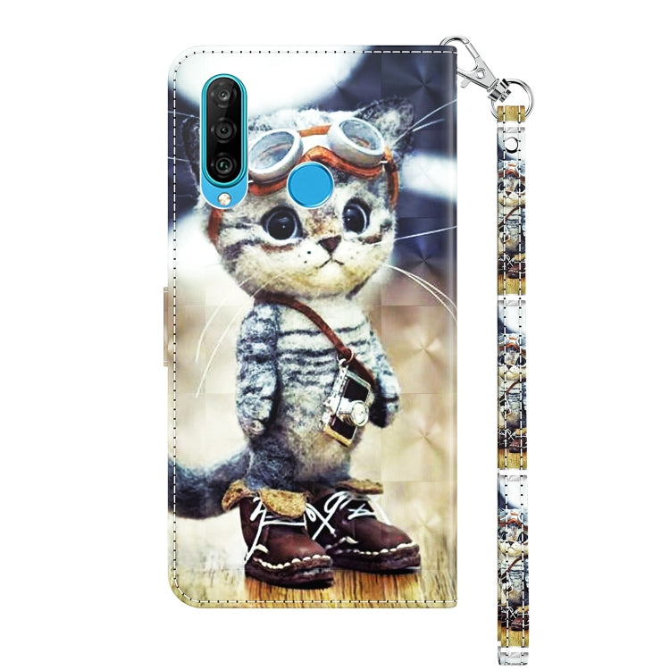 3D painted leather phone case folio with cartoon cat art, phone cutout, and wrist strap