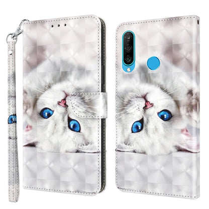 3D painted leather phone case with white cat face, blue eyes, and wrist strap