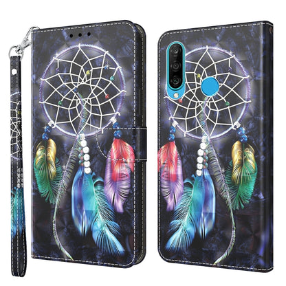 3D painted leather phone case with dark dreamcatcher and multicolor feather artwork, wrist strap