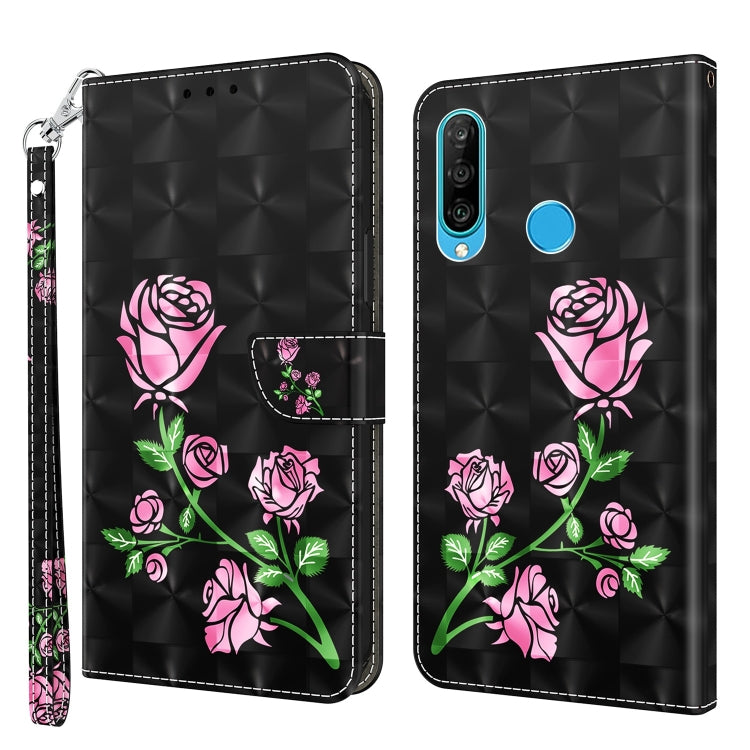 3D painted leather phone case with pink rose floral design, wallet style and wrist strap
