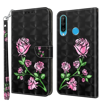 3D painted leather phone case with pink rose floral design, wallet style and wrist strap