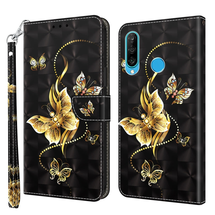 3D painted leather phone case with golden butterfly and cat illustration, black leather