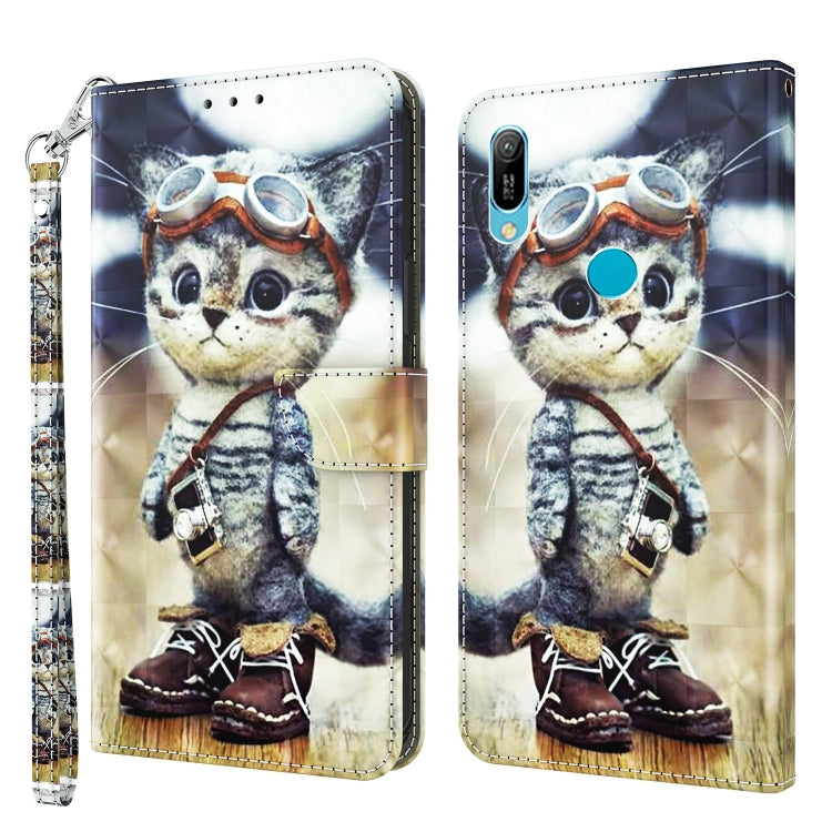 3D painted leather phone case with cartoon cat art, folio cover, and wrist strap