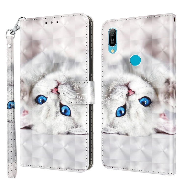 3D painted leather phone case with white cat face, blue eyes, back cutouts and blue circle