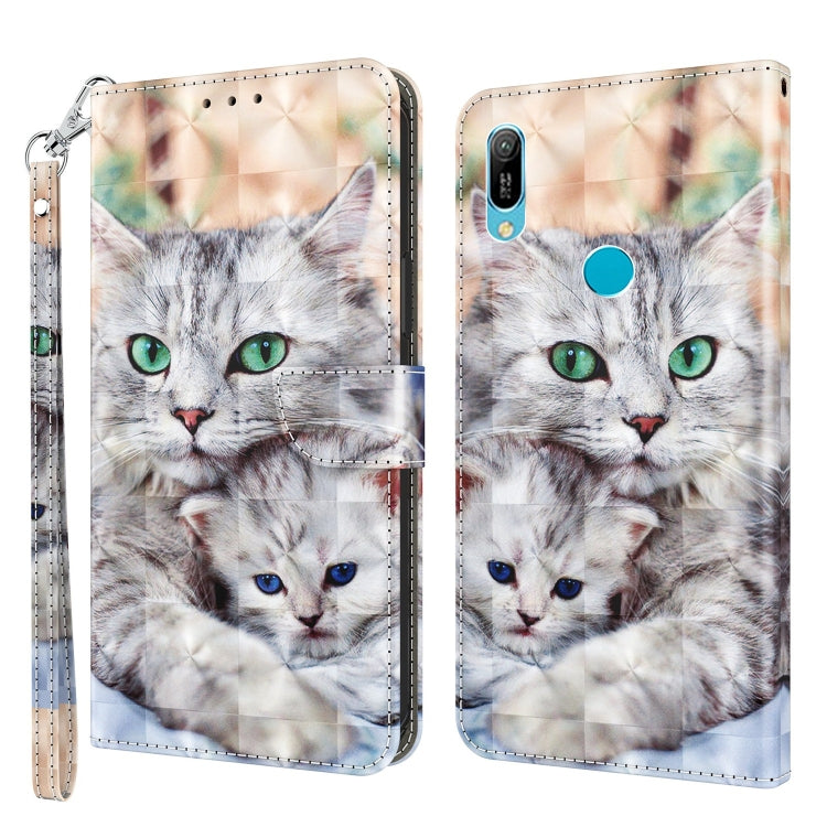 Leather phone case with 3D painted gray cat faces on a pastel geometric background