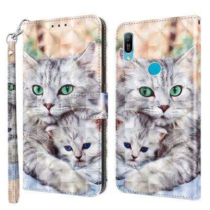 Leather phone case with 3D painted gray cat faces on a pastel geometric background