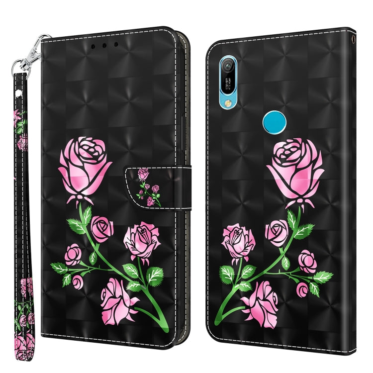 3D painted leather phone case, black with pink rose flowers and side wrist strap