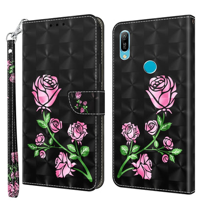 3D painted leather phone case, black with pink rose flowers and side wrist strap