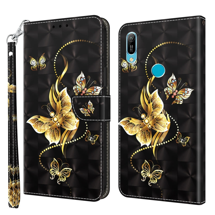 3D painted leather phone case with golden butterfly and cat, blue circle detail, black leather