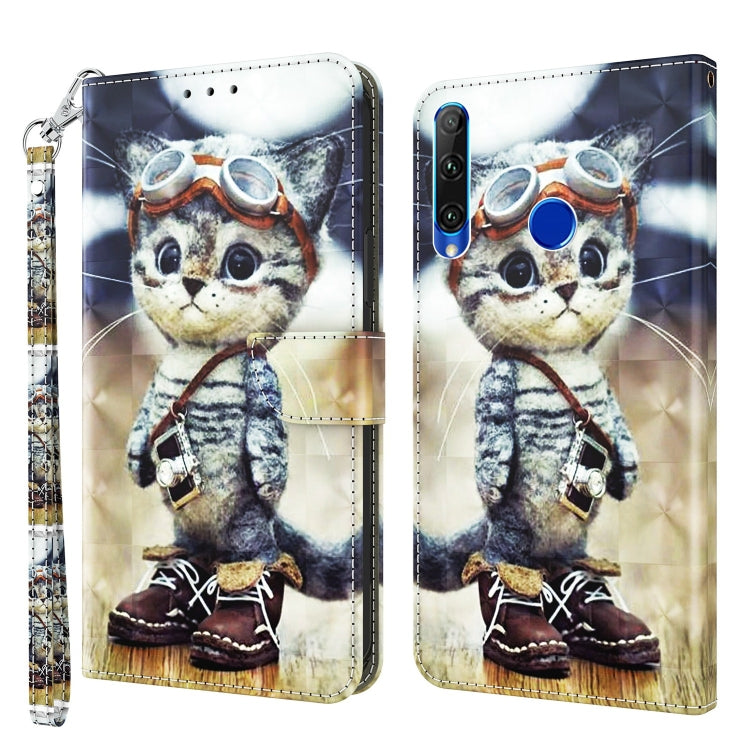 3D painted leather phone case with cartoon cat art and cutout for triple cameras