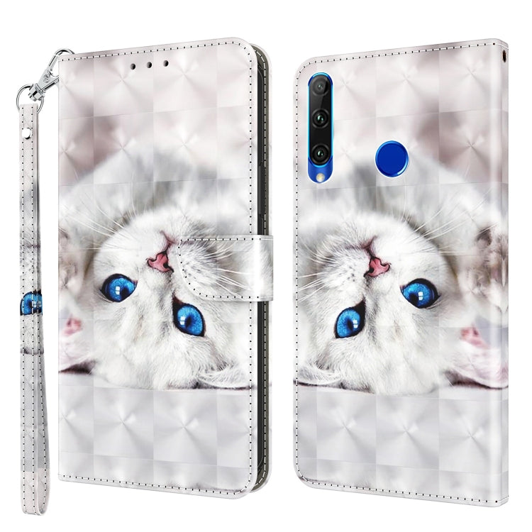 3D painted leather phone case with white cat face, blue eyes, camera cutout and blue dot