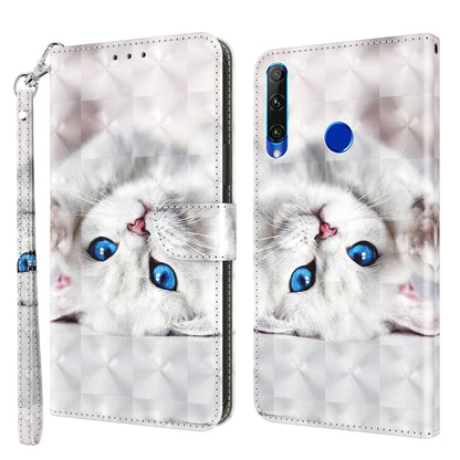 3D painted leather phone case with white cat face, blue eyes, camera cutout and blue dot
