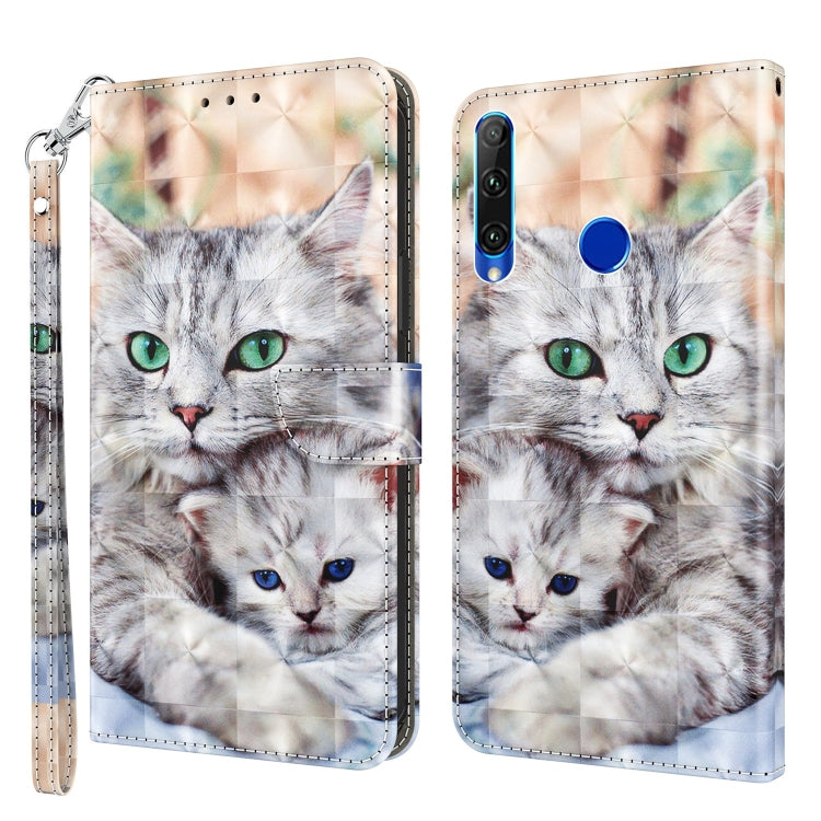 Leather phone case with 3D painted gray cat faces and a blue circular camera cutout